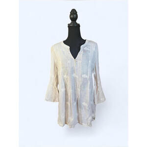 Antibes Blanc Boho Tunic Top Long Sleeve Bell Buttons Pintuck Linen Size M